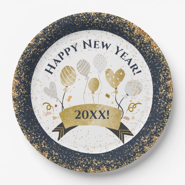 New Years Eve Party, Golden Balloons Paper Plate (Front)