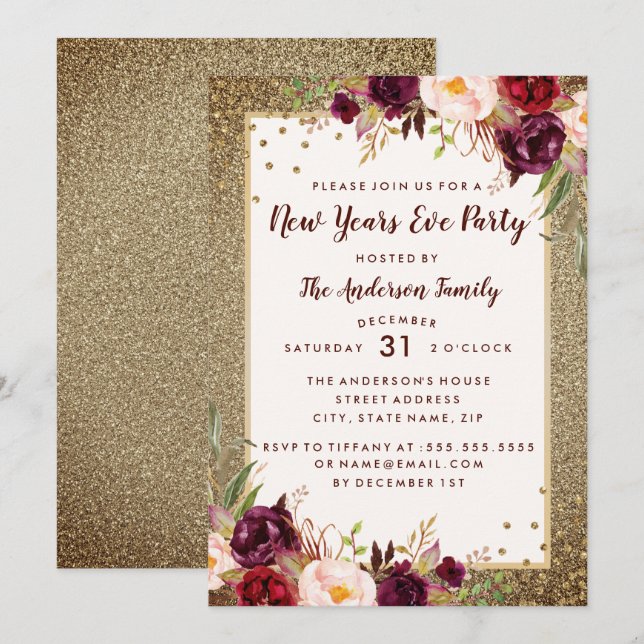 New Years Eve Party Golden Burgundy Floral Invite (Front/Back)