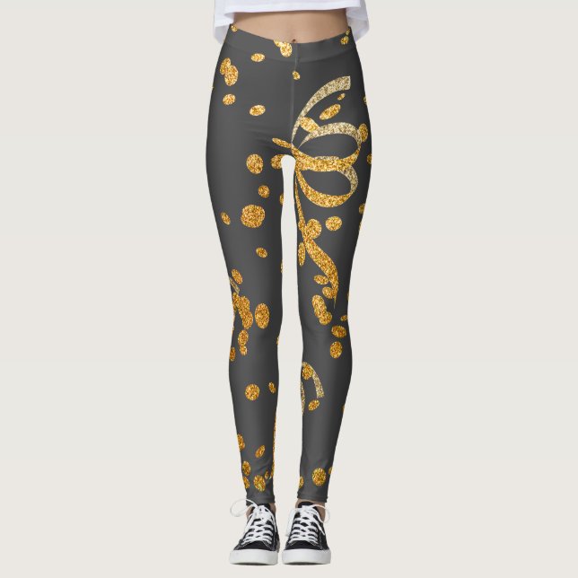 New Years Eve Party Grey Gold Glitter Confetti Leggings (Front)