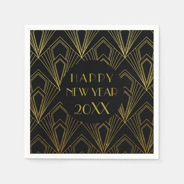 New Years Eve Party Happy New Year Black and Gold Napkin (Front)