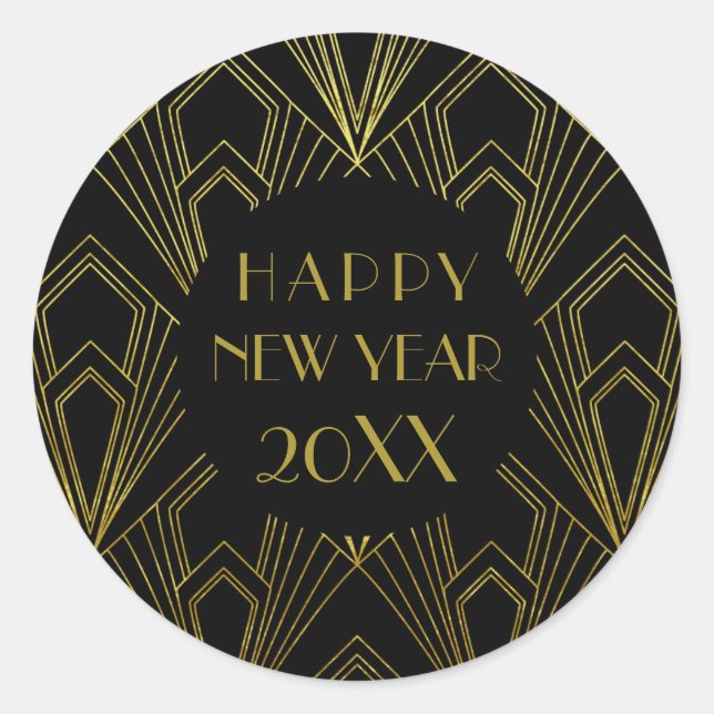 New Years Eve Party | Happy New Year Black  Gold Classic Round Sticker (Front)