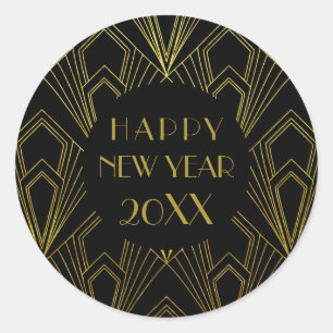 New Years Eve Party   Happy New Year Black  Gold Classic Round Sticker