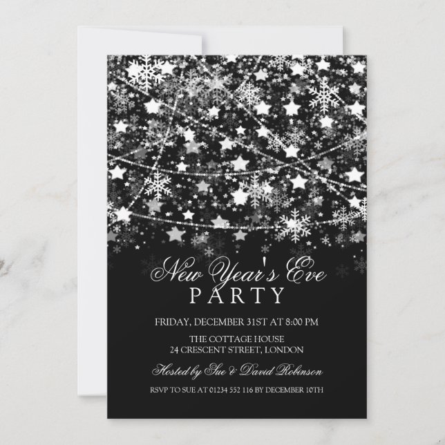 New Years Eve Party Holiday String Lights Silver Invitation (Front)
