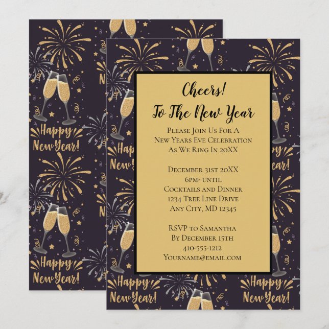 New Years Eve Party Invitation Champagne Fireworks (Front/Back)