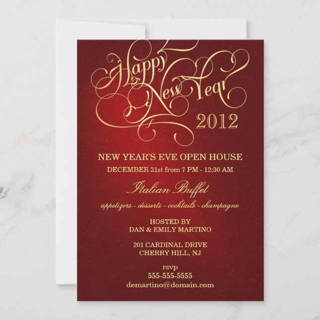 New Year's Eve Party Invitations - Elegant Red (Front)