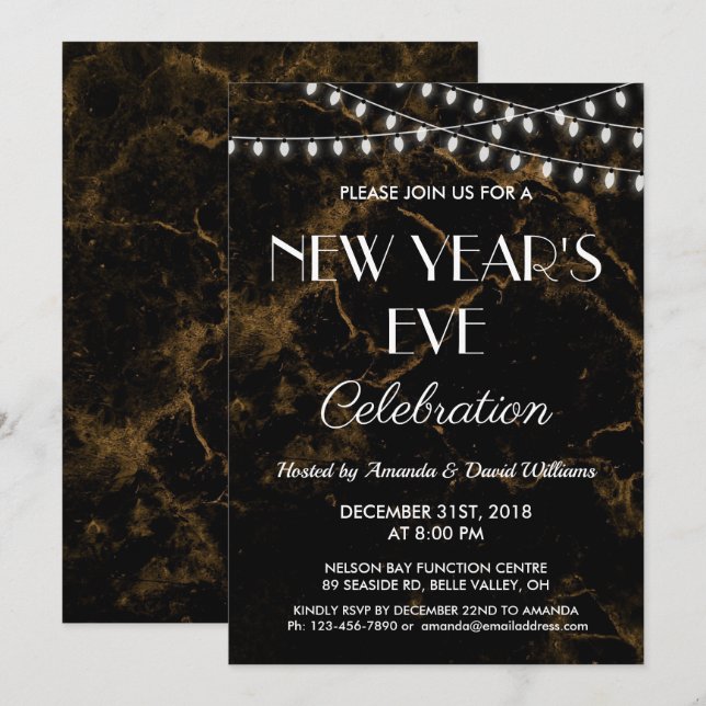 New Years Eve Party Lights Gold Black Marble Invitation (Front/Back)
