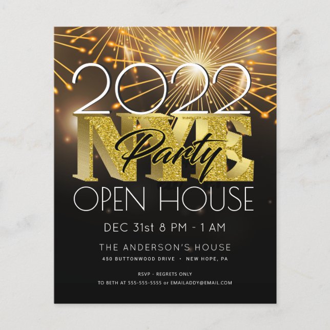 NEW YEAR'S EVE PARTY MODERN BOLD GOLD FIREWORKS IN FLYER (Front)