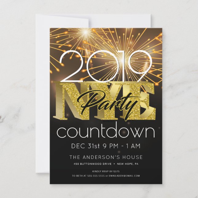 NEW YEAR'S EVE PARTY MODERN BOLD GOLD FIREWORKS INVITATION (Front)