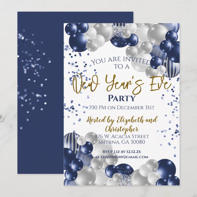 New Year's Eve Party Navy Balloons Invitation (Front/Back)