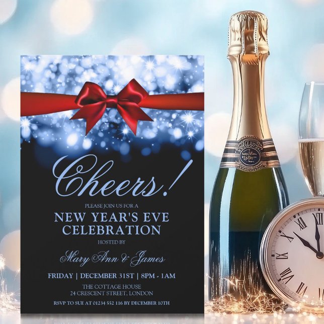 New Years Eve Party Navy Sparkle Lights Red Bow Invitation (New Years Eve Party Navy Sparkle Lights Red Bow Invitation)