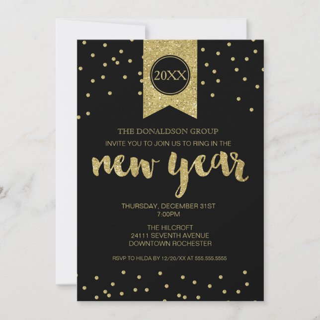 New Year's Eve Party, New Year, Gold Glitter Black Invitation (Front)