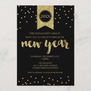 New Year's Eve Party, New Year, Gold Glitter Black Invitation
