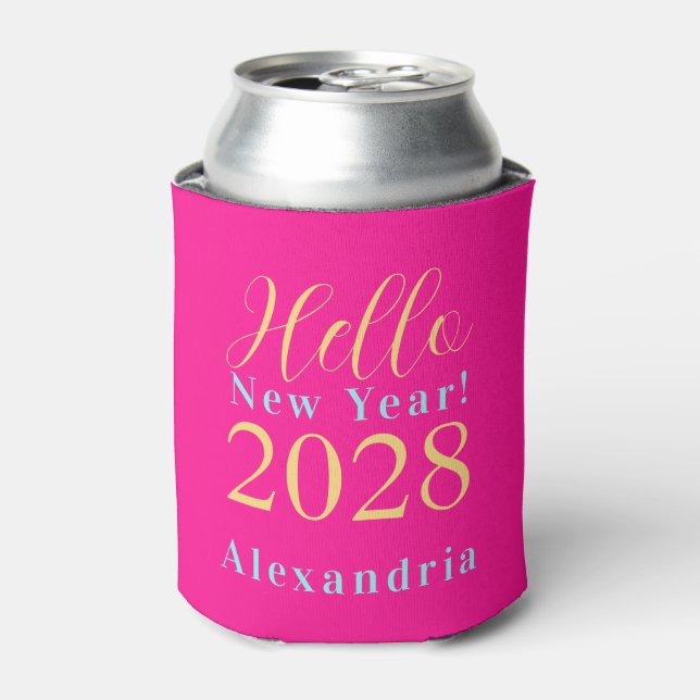 New Year's Eve Party Personalised Hot Pink Can Cooler (Can Front)