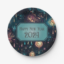 New Year's Eve Party Plates-Colourful Clock Design