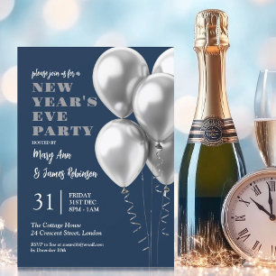 New Years Eve Party Silver Balloons Navy Blue Invitation