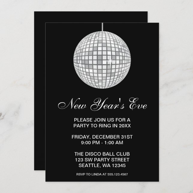 New Years Eve Party Silver Disco Ball Invitation (Front/Back)