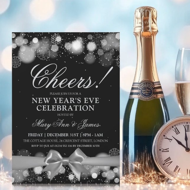 New Years Eve Party Silver Winter Wonder Bow Invitation (New Years Eve Party Silver Winter Wonder Bow Invitation)