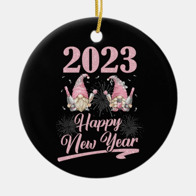 New Years Eve Party Supplies 2023 Gnome Happy Ceramic Tree Decoration (Front)