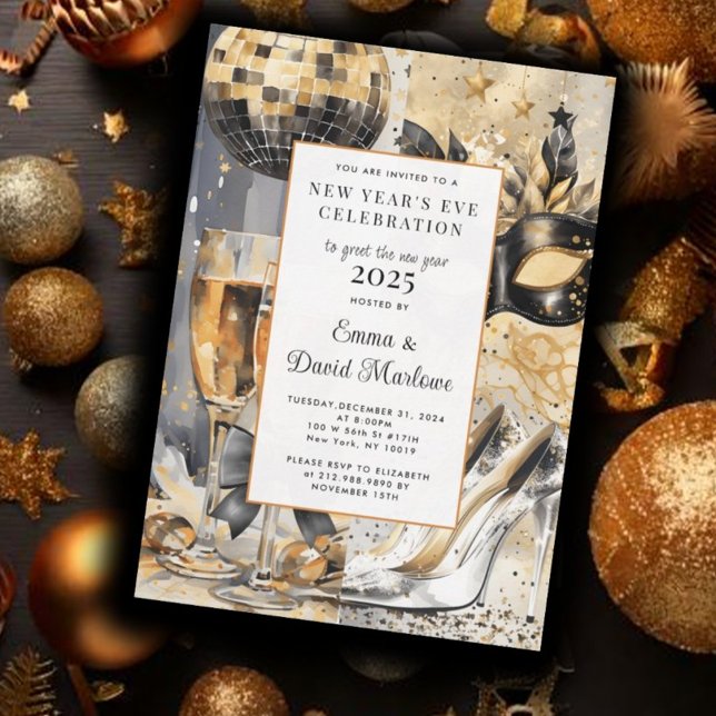 New Year's Eve Party Watercolor Gold Glitter  Invitation (Creator Uploaded)