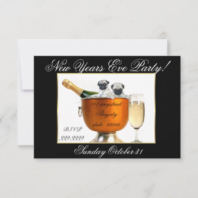 New Year's Eve pug dog party invitation (Front)