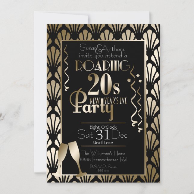 New Year's Eve Roaring 20s Art Deco Gold Invitation (Front)