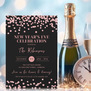 New Years Eve Rose Gold Glitter Confetti Black Invitation