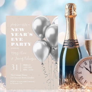 New Years Eve Silver Confetti Balloons Champagne  Invitation