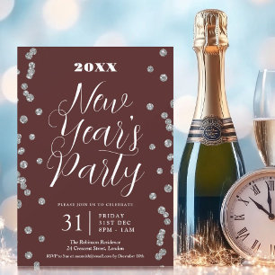 New Years Eve Silver Glitter Confetti Burgundy  Invitation