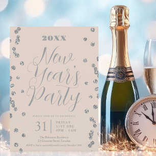 New Years Eve Silver Glitter Confetti Champagne Invitation