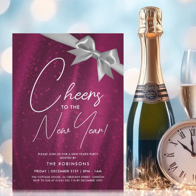New Years Eve Silver Pink Sparkle Sequin Bow Invitation (New Years Eve Silver Pink Sparkle Sequin Bow Invitation)