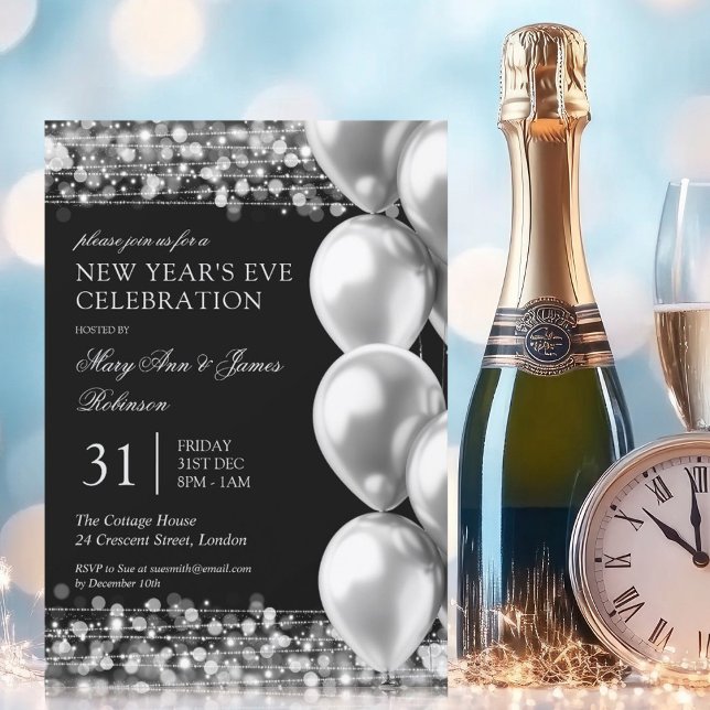 New Years Eve Silver Shimmering Lights Balloons Invitation (New Years Eve Silver Shimmering Lights Balloons Invitation)