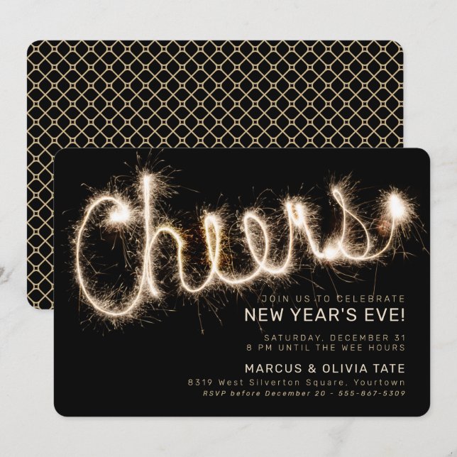New Year's Eve Sparkler Cheers | Black & Gold Invitation (Front/Back)
