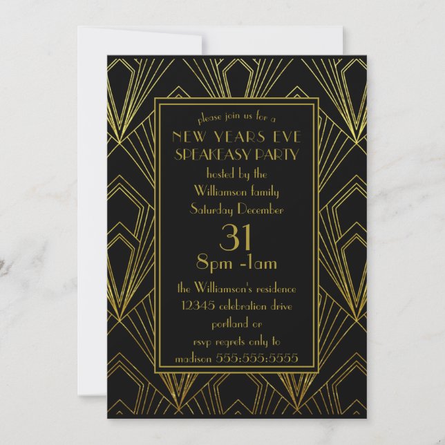 New Years Eve Speakeasy Party Black  Gold Art Deco Invitation (Front)