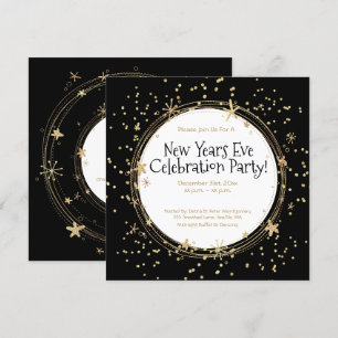 New Year's Eve, Stars, Black Gold, Party Invitation