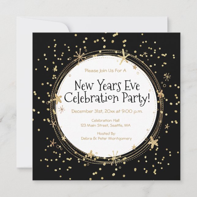 New Year's Eve, Stars, Black Gold, Party Invitation (Front)