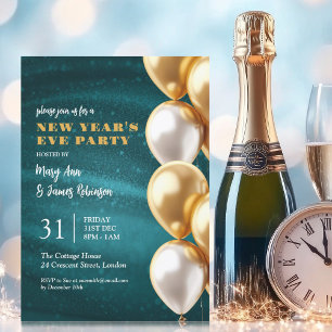 New Years Eve Teal Gold Shimmer Sequin Balloons Invitation