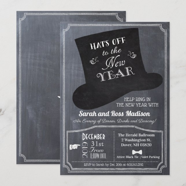New Years Eve Top Hat Chalk Invitation (Front/Back)