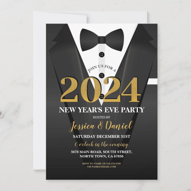 New Year's Eve Tuxedo Suit Gold Black Bow Tie Invitation (Front)