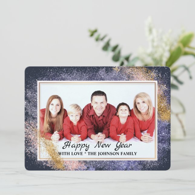 New Years Gold Glitter Family Photo Holiday Card (Standing Front)