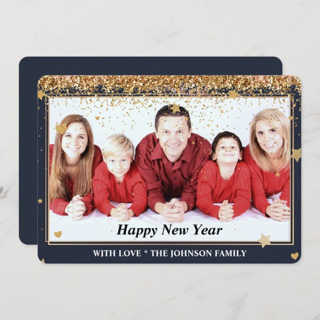 New Years Gold Glitter Frame Family Photo Holiday Card (Front/Back)