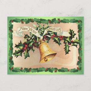 NEW YEARS GREETINGS & HOLLY by SHARON SHARPE Holiday Postcard