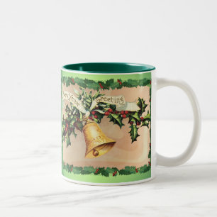 NEW YEARS GREETINGS & HOLLY by SHARON SHARPE Two-Tone Coffee Mug