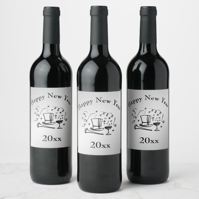 New Years Happy New Year with Year Wine Label (Bottles)