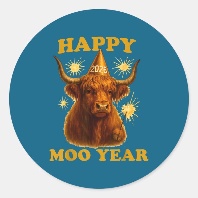 New Years Highland Cow Scottish Nye Party Farm Ani Classic Round Sticker (Front)