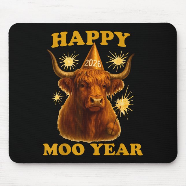 New Years Highland Cow Scottish Nye Party Farm Ani Mouse Mat (Front)