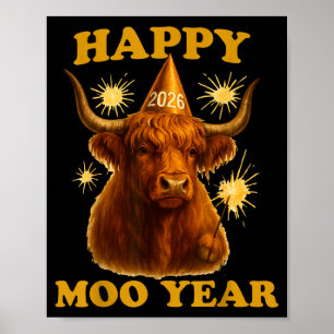 New Years Highland Cow Scottish Nye Party Farm Ani Poster