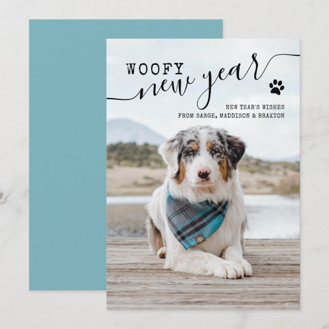 New Years Holiday Card Dog Photo Woofy New Year (Front/Back)