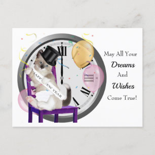 New Year's Kitten Clock Postcard