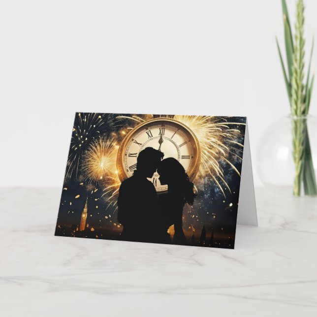 New Years Love Romance Romantic Clock Midnight  Holiday Card (Front)