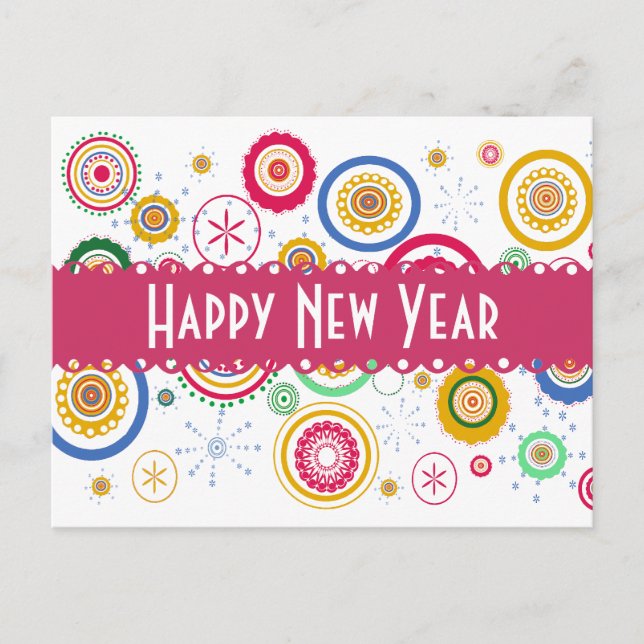 New Year's Partee! Cool Colourful Funky Circles Holiday Postcard (Front)